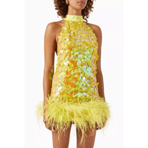 Bronx and Banco Izzy Sequin Feather Minidress yellow halter NEW size US 6 AU 10 - Picture 12 of 13